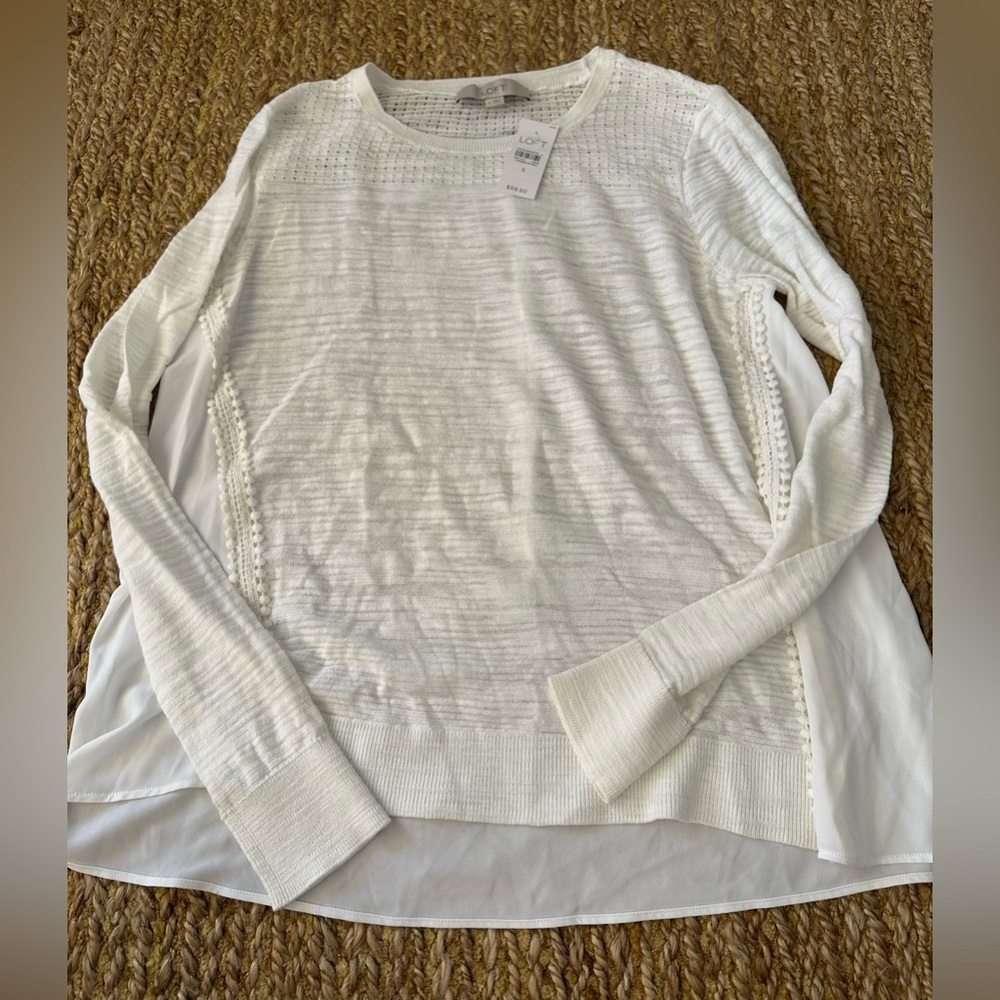 Loft Women’s White Long Sleeve Mixed Media Top with Sheer Hem Size S NEW $59.50